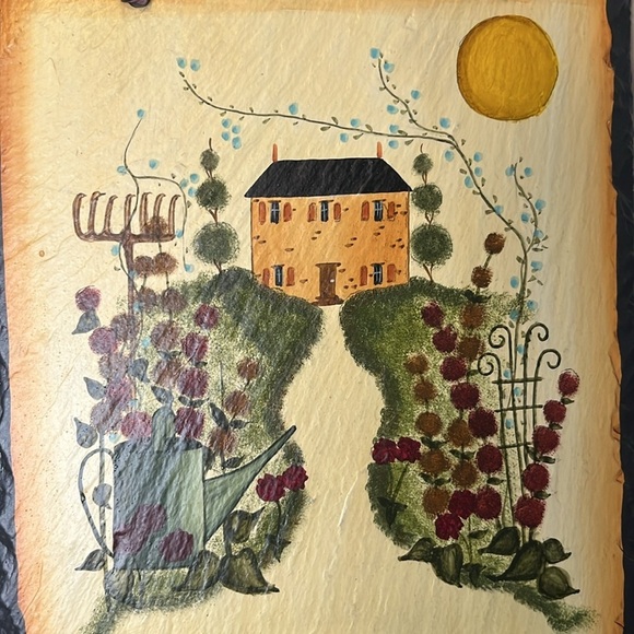 New Hand Painted Slate Folk Art Country Manor Rose Garden Wall Hanging - Picture 8 of 8